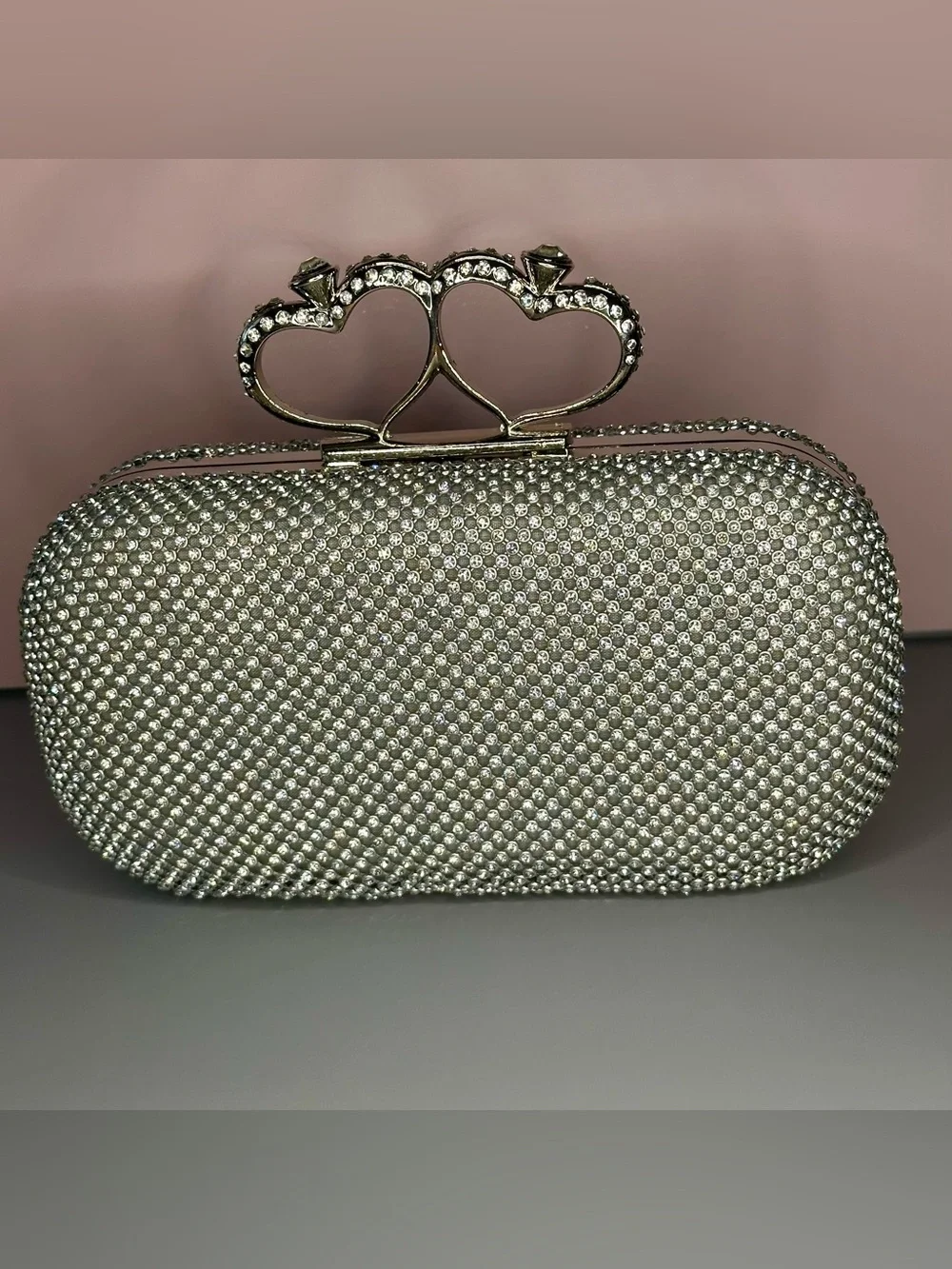 Silver Rhinestone Clutch Heart Clasp Crystal Evening Bag Wedding Prom Formal